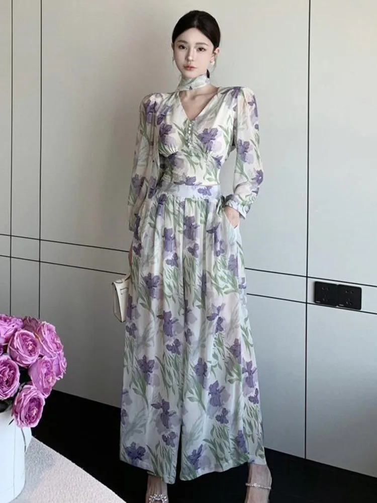 

French High-end Chiffon Floral Printed Two Piece Set Women V-neck Blouse Tops + Wide Leg Pant Sets Vacation Beach 2 Piece Suits