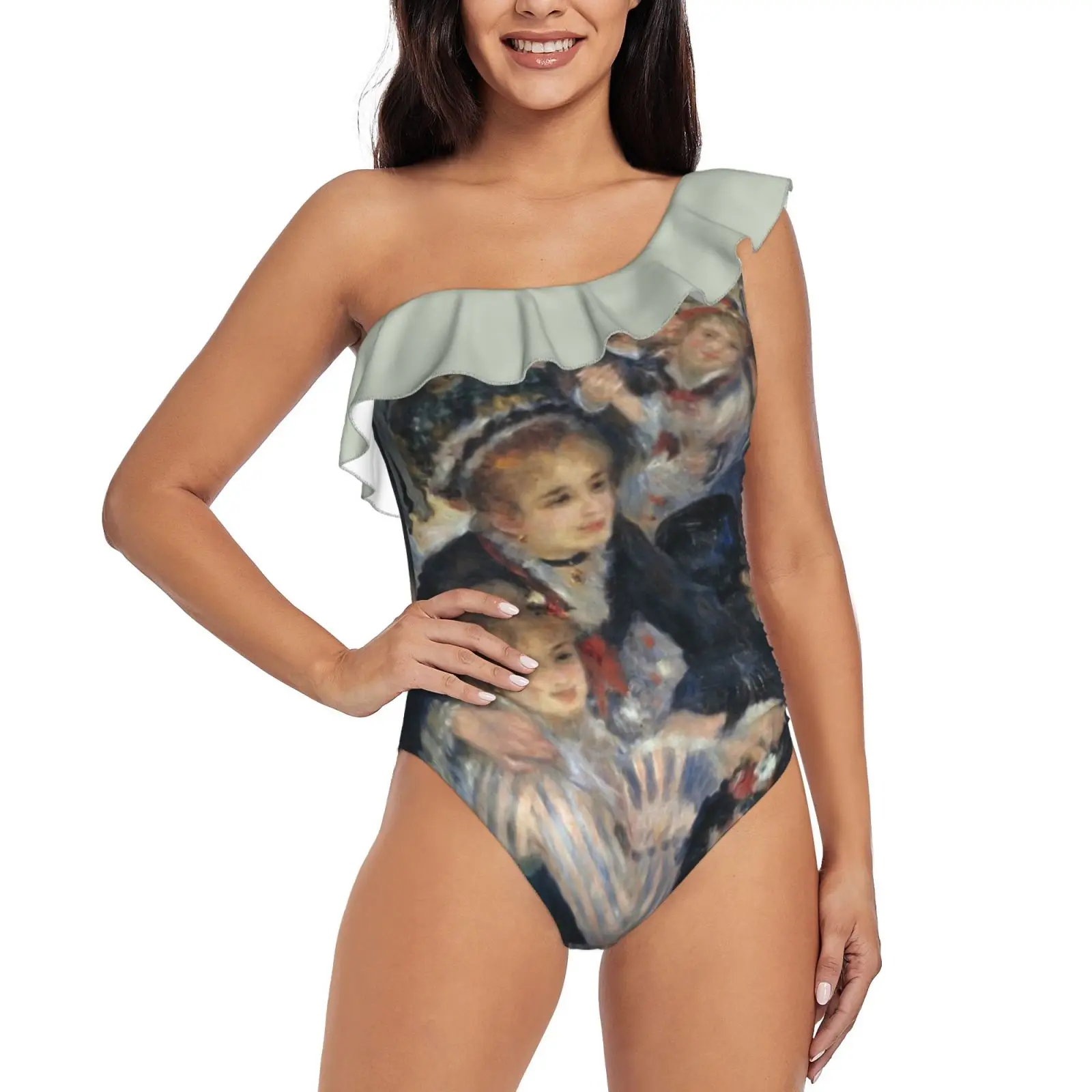 Bal Du Moulin De La Galette Oil Painting By Auguste Renoir One Shoulder Ruffle Swimsuit One-Piece Beach Bathing Suit Print Sexy