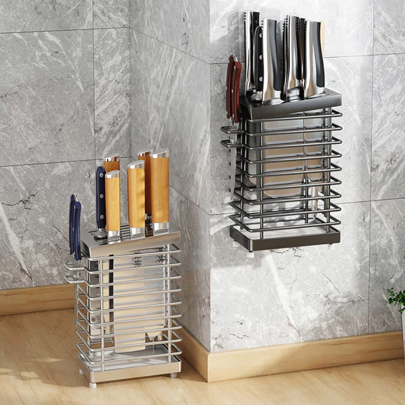 Stainless Steel Knife Holder Wall Mount With Water Tray Knife Block Butcher Fish Meat Slicing Knives Storage Knife Stand Metal