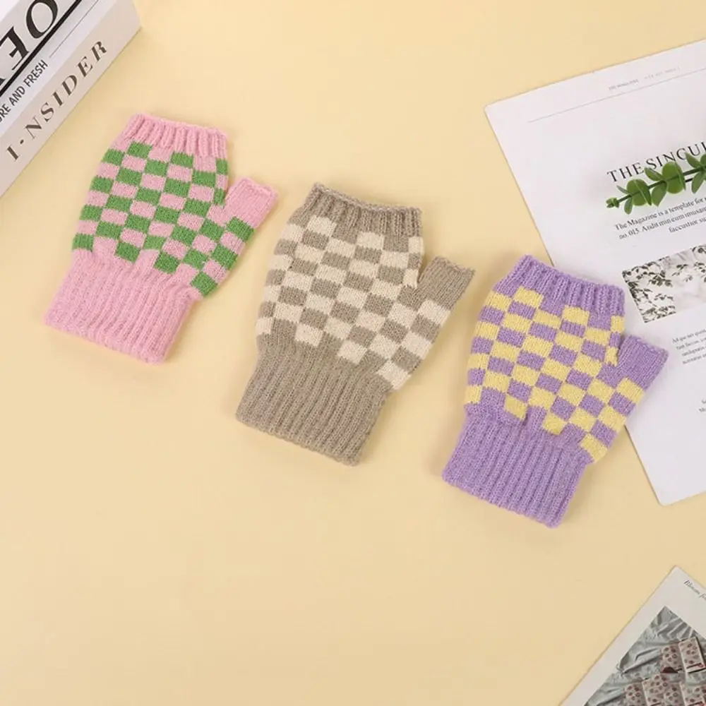 

Перчатки для сенсорного экрана, милые теплые шерстяные варежки для шахматной доски, эластичные вязаные перчатки с открытыми пальцами для улицы