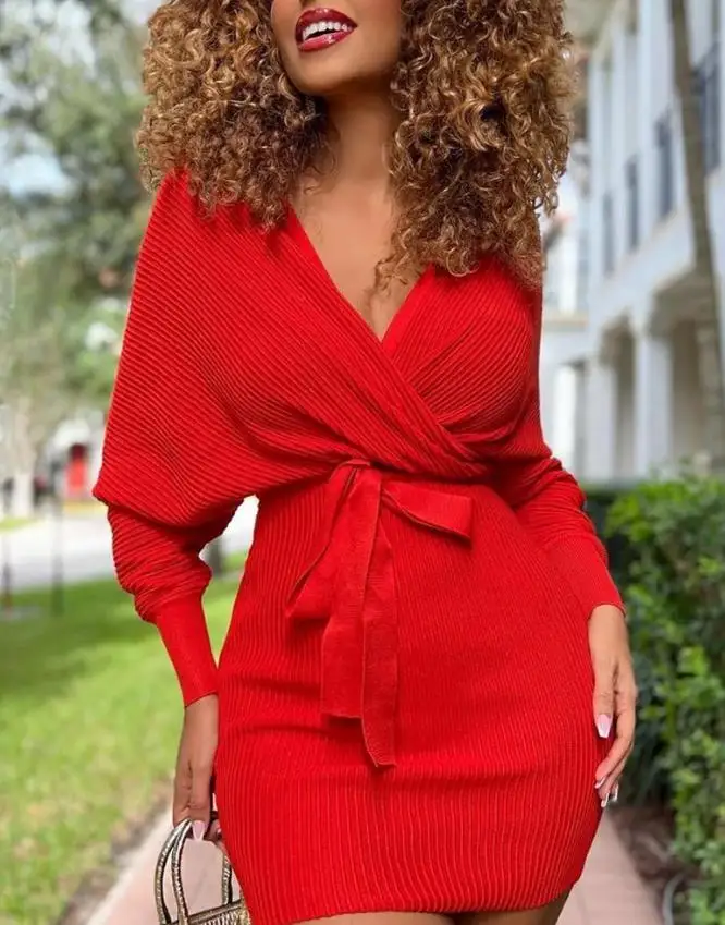 

Elegant Dresses for Women Casual New Fashion Ribbed Batwing Sleeve Tied Detail Bodycon Dress Female Clothing Outfits for Women