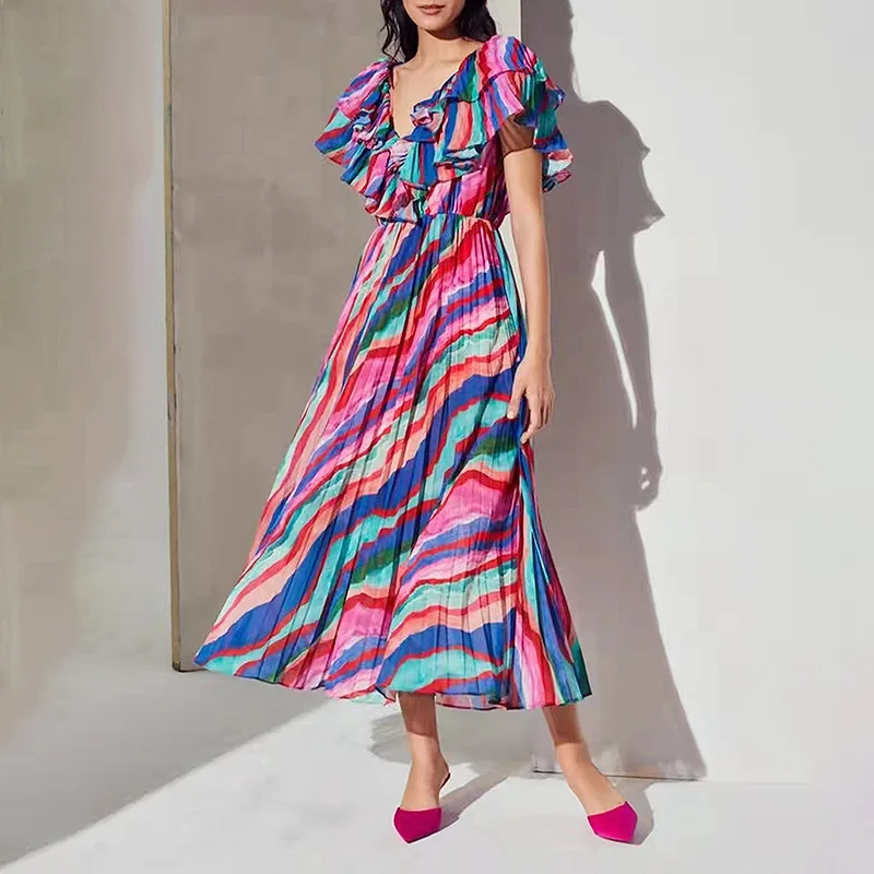 

Summer dress women's color irregular printing and dyeing 2022 new V-neck ruffled stitching large swing long chiffon dress