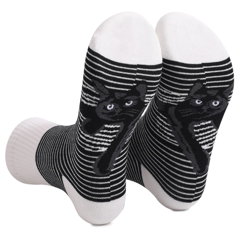 

Women Men Novelty Black White Striped Crew Socks Funny Cute Cartoon for CAT Printed Bottom Casual Mid Tube Hosiery Gifts 37JB