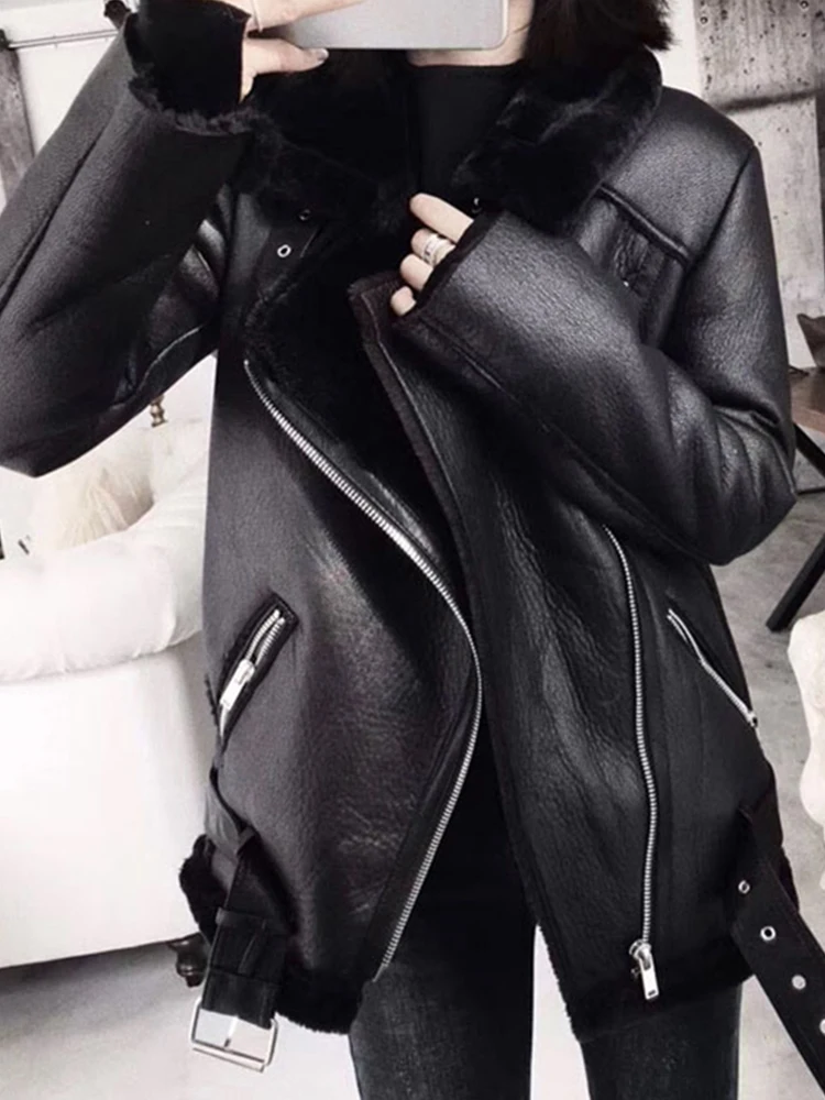 

AYUNSUE 2022 Winter Coats Women Thick Faux Leather Fur Sheepskin Coat Female Fur Leather Jacket Aviator Jacket Casaco Feminino
