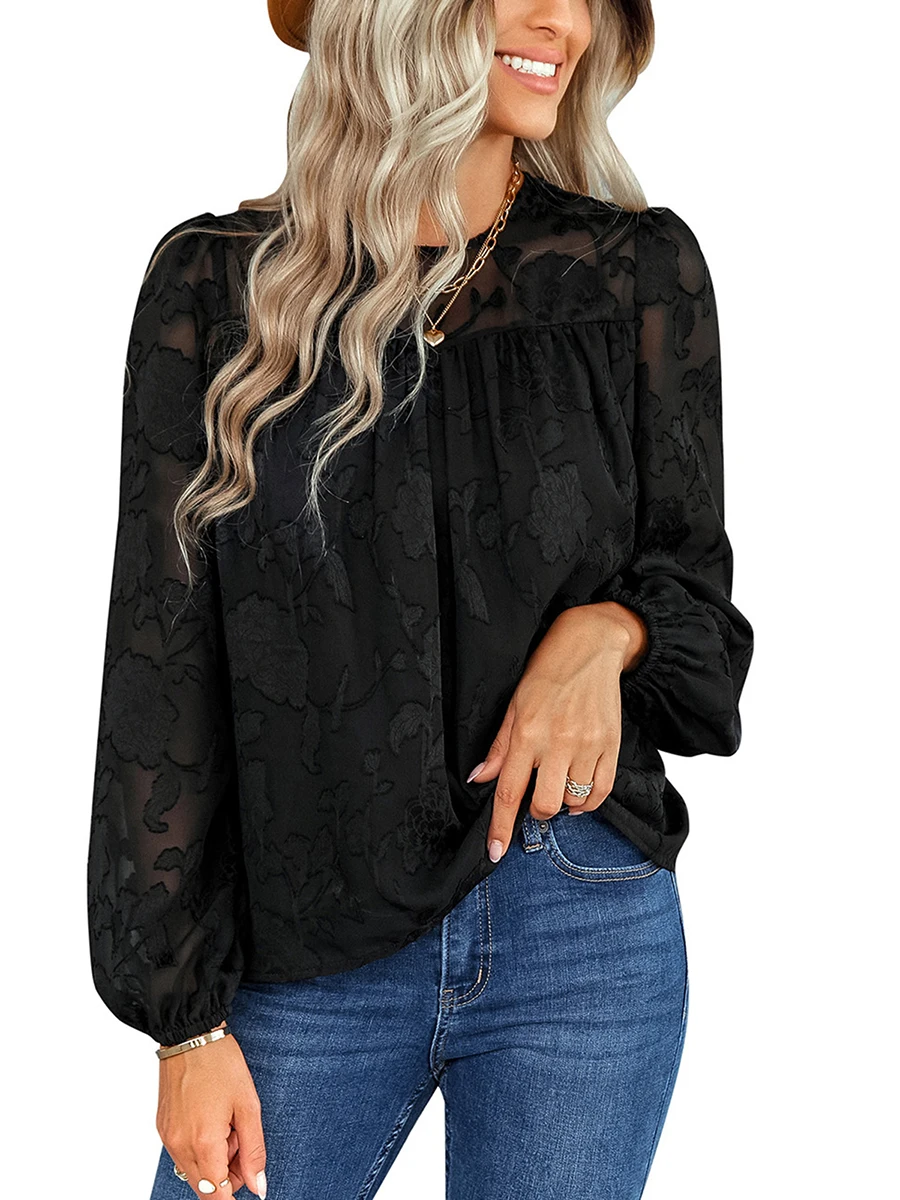 

Womens Summer Tops Long Sleeve Jacquard Pattern Back Button Round Neck Blouse Casual T-Shirts