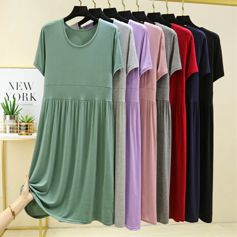 Modal Round-Neck Pleated Short-Sleeved Dress For Women Nightgowns Outside Wear Home Clothes Loose Ladies Sleepwear Nightdress
