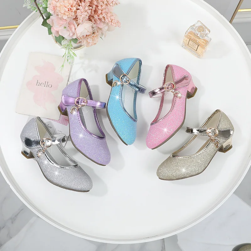 

Princess New Blue Crystal PU Sandals Shine for Party Wedding Shows High Heel Hook & Loop Children Fashion Simple Mary Janes Chic