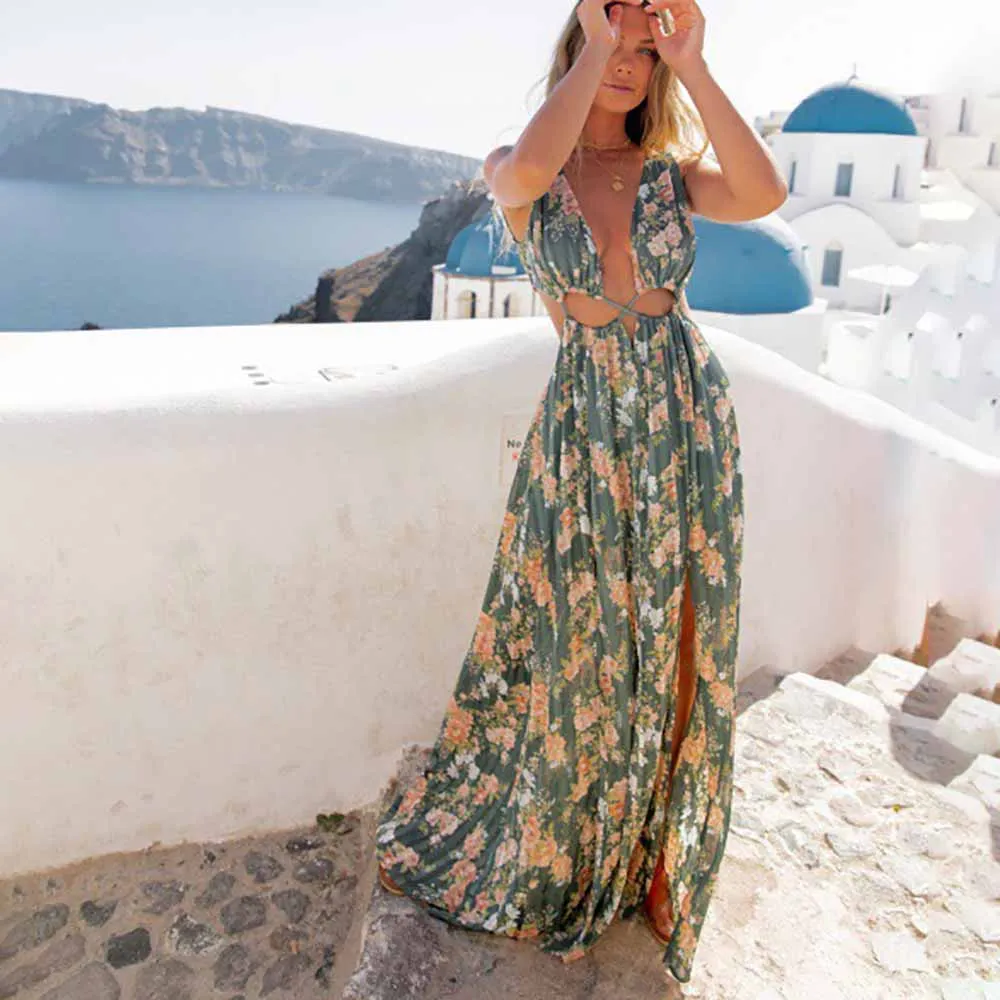 

Cutout Backless Beach Dress Summer Sexy Print Deep-v Beachwear One-piece Swimsuit Floral Monokini Tankini Sexy Lace Up Luxury XL