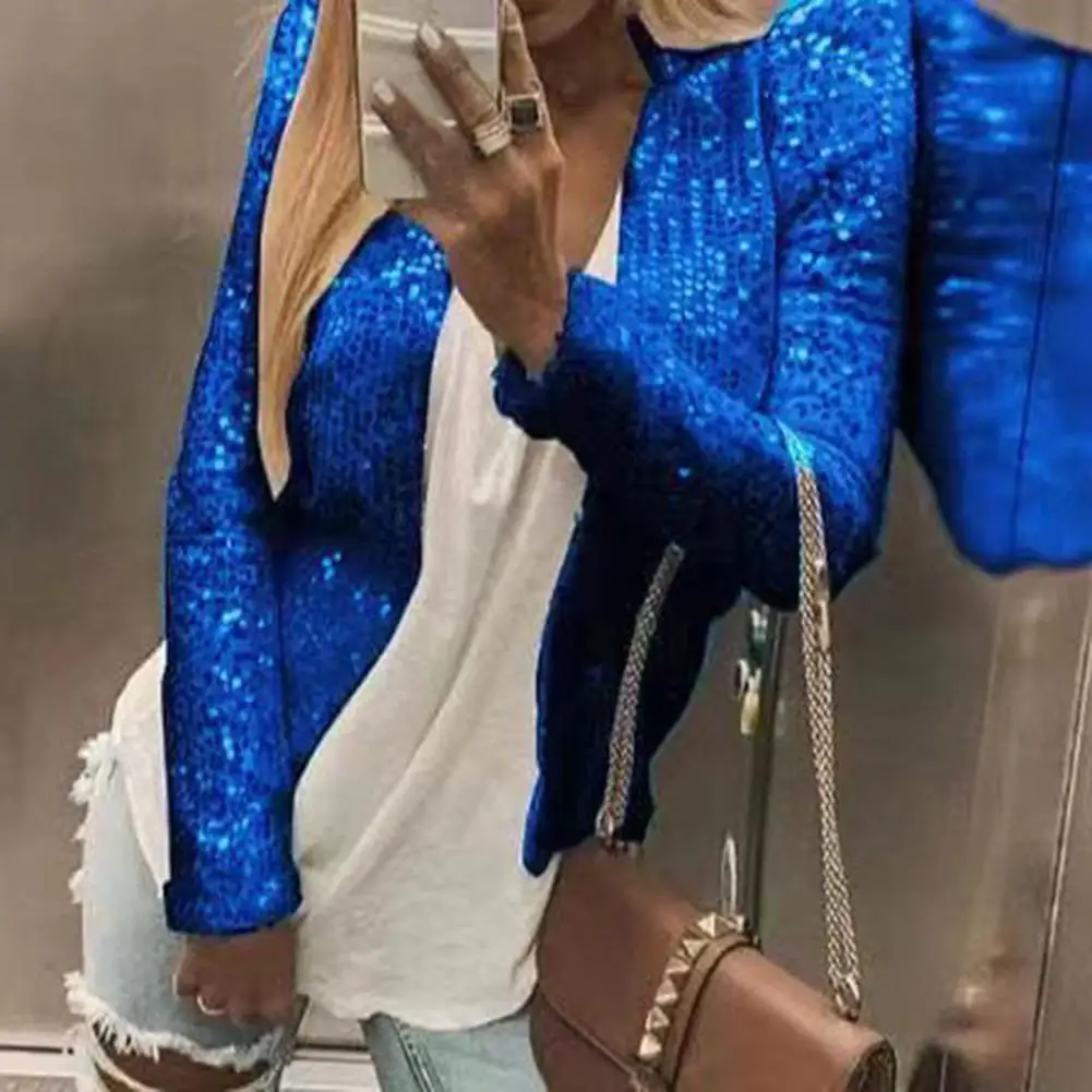 

Female Jacket Super Soft Shiny Glitter Cardigan Jacket Outwear Long Sleeve Elegant Office Ladies Jacket for Daily Wear