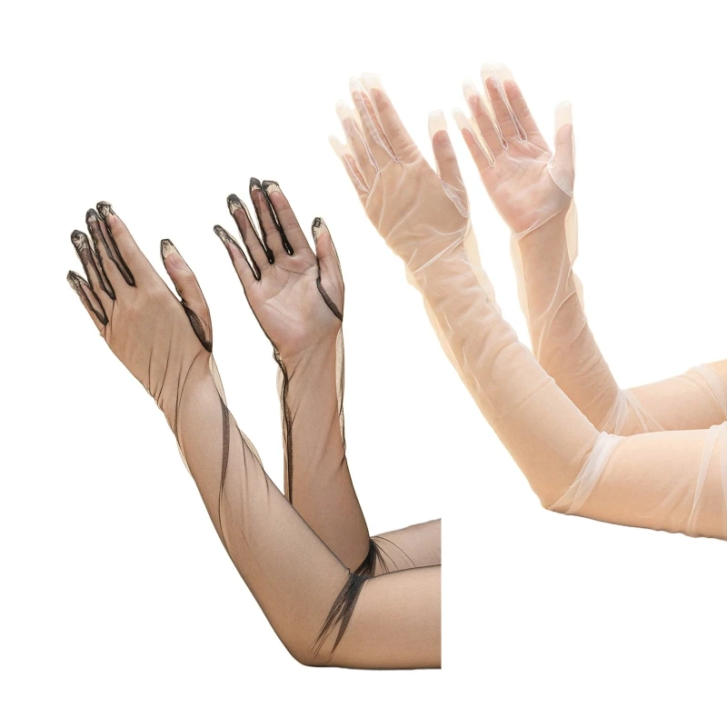 

E9LC Women Teens Long Gloves Nightclub Hollow See Through Glove Elasticity Mitten