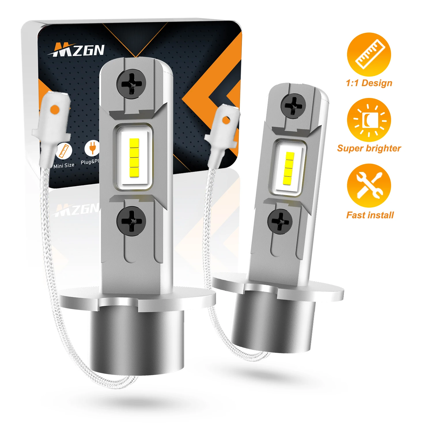Лампа для фар головного света MZGN 2 шт. H3, лампа для фар головного света Canbus без вентилятора, дальний свет 6000K, белая, желтая, лампа головного света, дневные ходовые огни, мини-дизайн 12 В