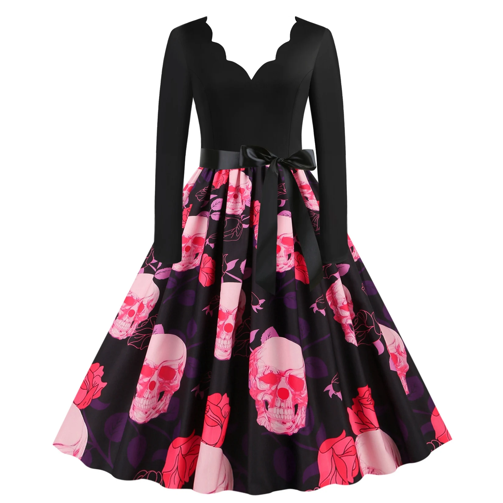 

Halloween Dresses for Women,printed V-neck Skull Casual Dresses for Hem Medieval Homecoming