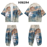 3d digital printing national style landscape element printing summer leisure loose taoist robe capri pants mens suit