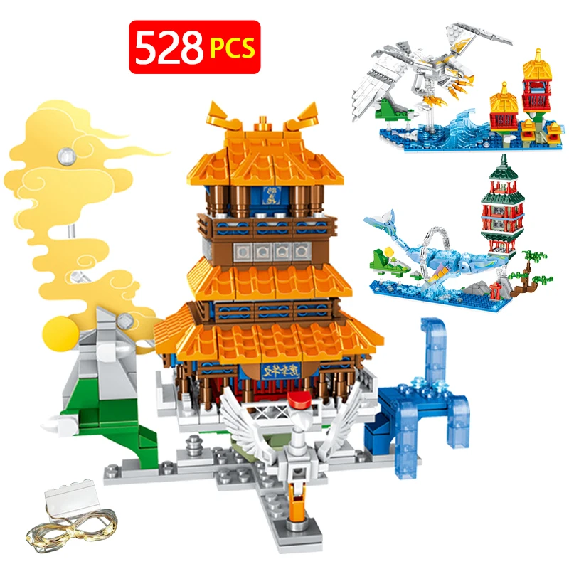 

528PCS City Temple Ancient Famous Architecture Building Blocks Friends Street View LED Light Tower Houses Bricks Toy For Kids