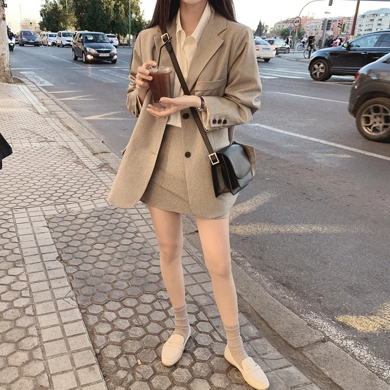 Women Sweet Solid Fall 2 Piece Set Blazer and High Waist Skirt  Jacket Skirt Suits Sold Office Lady Separately Women's Costumes