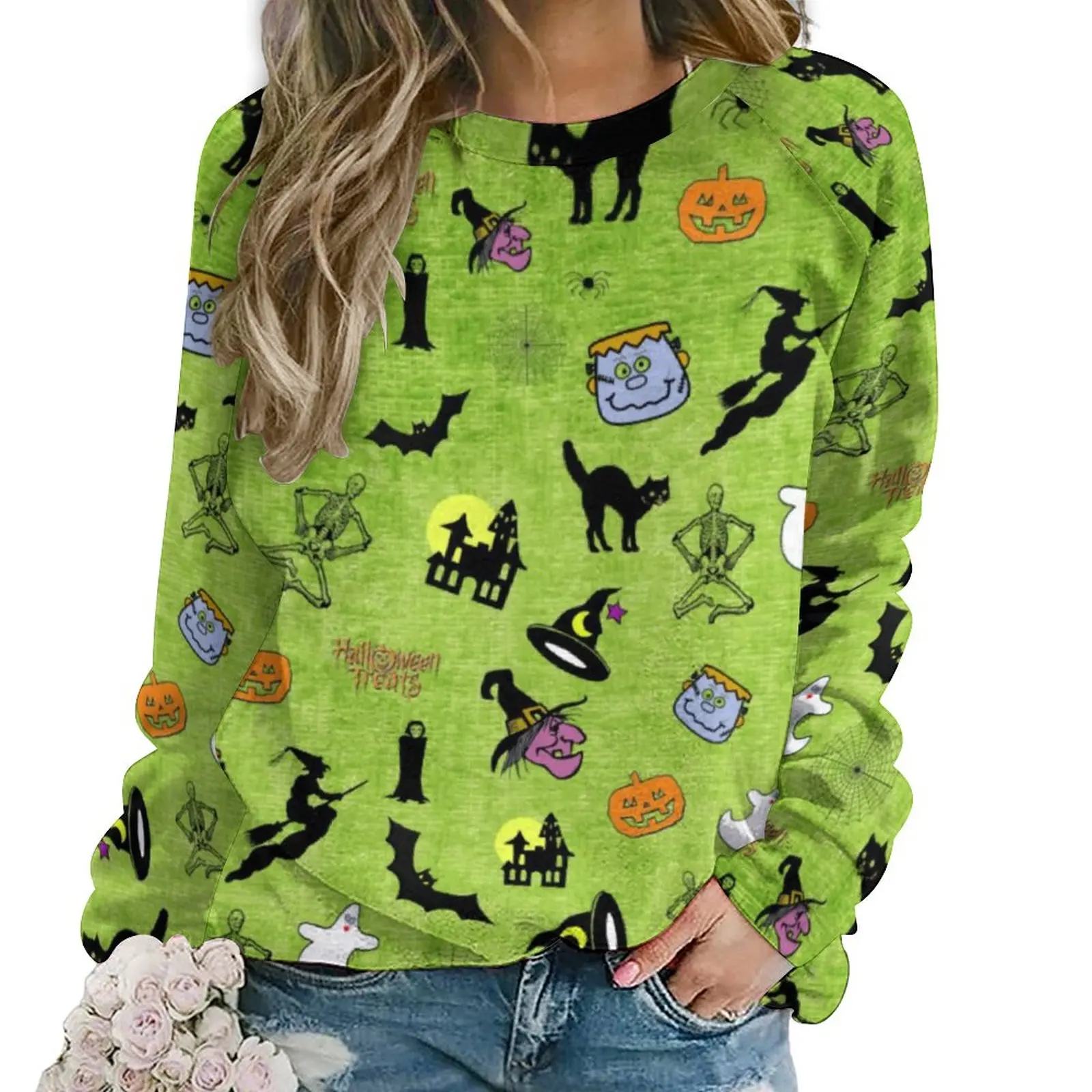 

Black Cat Print Casual Hoodies Women Halloween Bats Pretty Hoodie Autumn Long-Sleeve Street Wear Oversized Sweatshirts Gift Idea