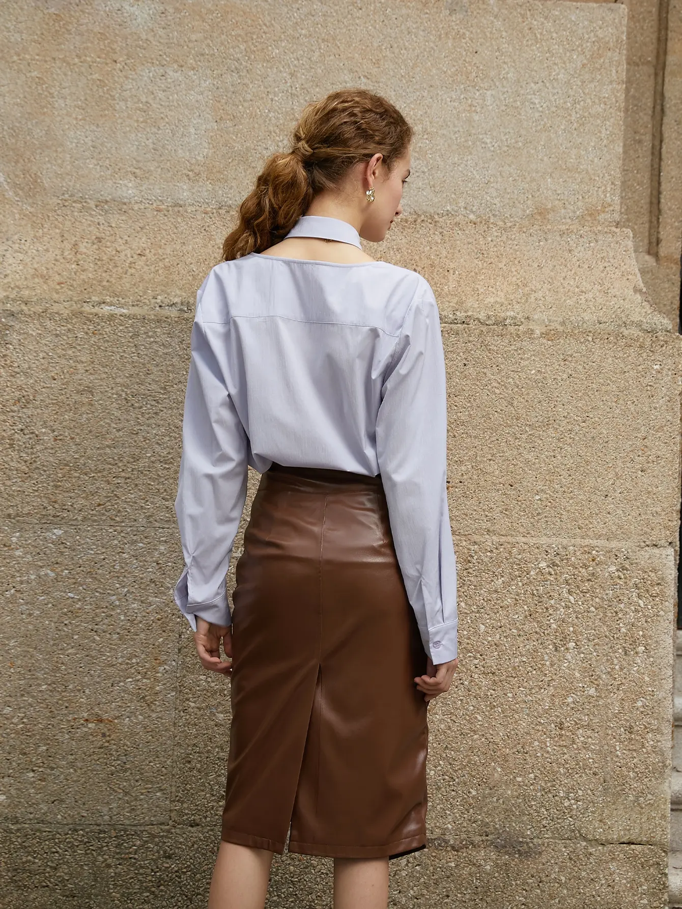 AEL Необычная однобортная кожаная юбка женская с разрезом и высокой талией