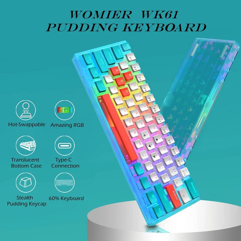 

Механическая клавиатура Womier WK61, ультратонкая игровая клавиатура с пудингом, популярная заменяемая клавиатура RGB для 60% клавиатуры, красный ...