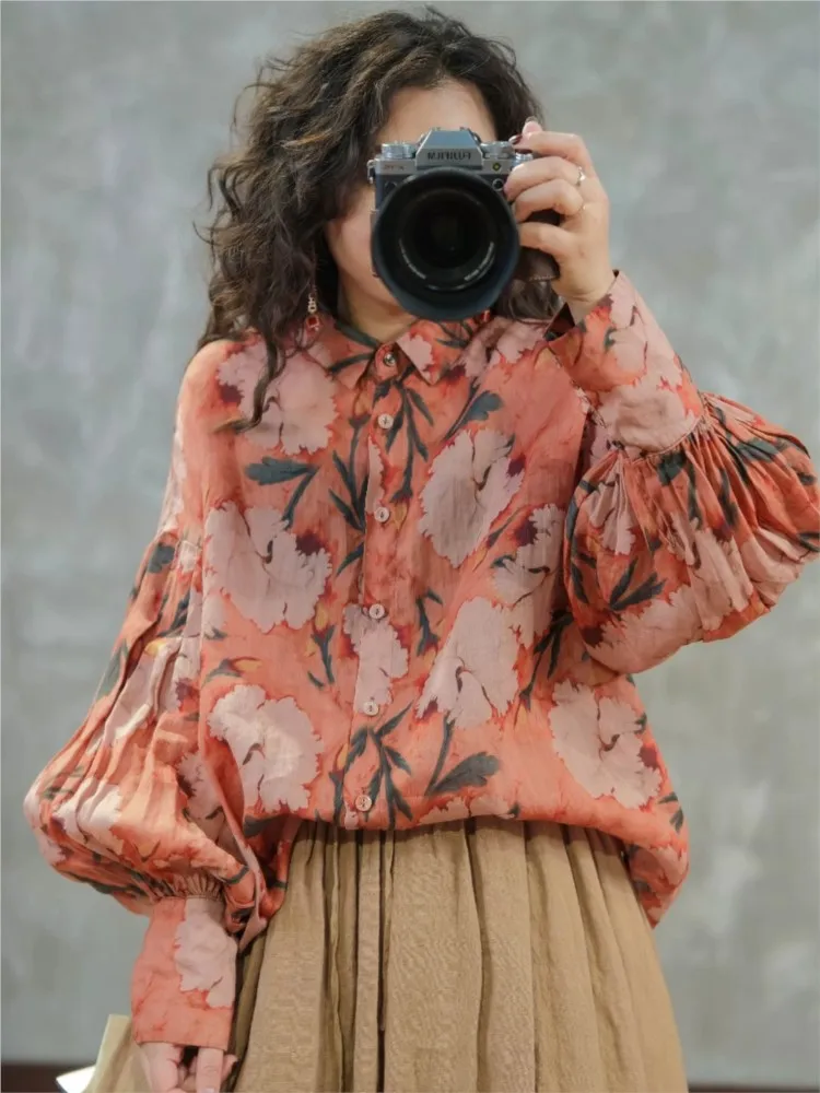 Женская свободная рубашка с длинным рукавом цветочным принтом