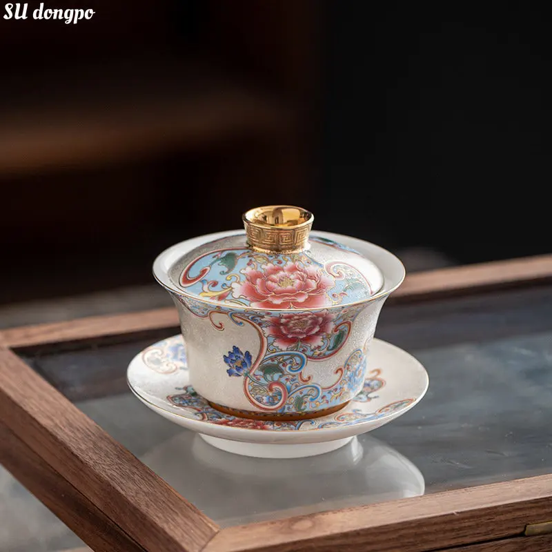 Handmade Pure Silver Filigree Enamel Color Gaiwan Household Ceramic Kungfu Tea Set Gold Painted Enamel Color Tea Bowl