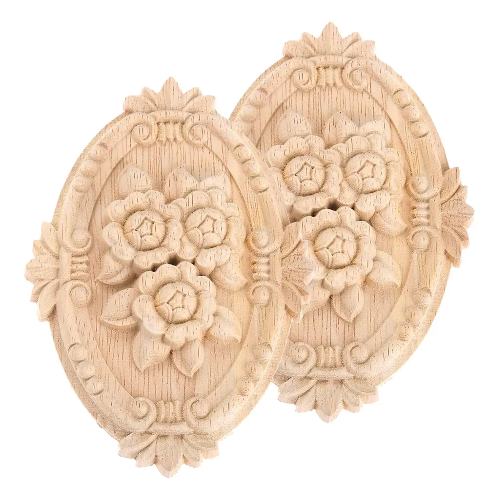

2Pcs Wood Carved Applique Frame Onlay Unpainted Furniture Decoration Unpainted Oval Patterns 21X15cm