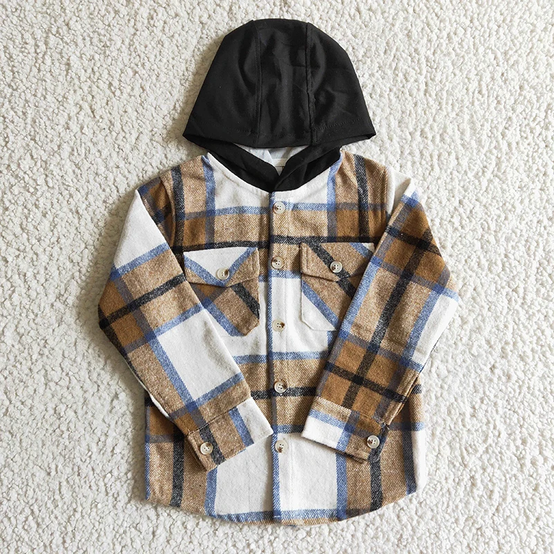 Baby Boy Blouse Flannel Plaid Button Down Newborn Hoodie Jacket Infant Long Sleeve Pocket Shirt Toddler Children Cotton Clothes