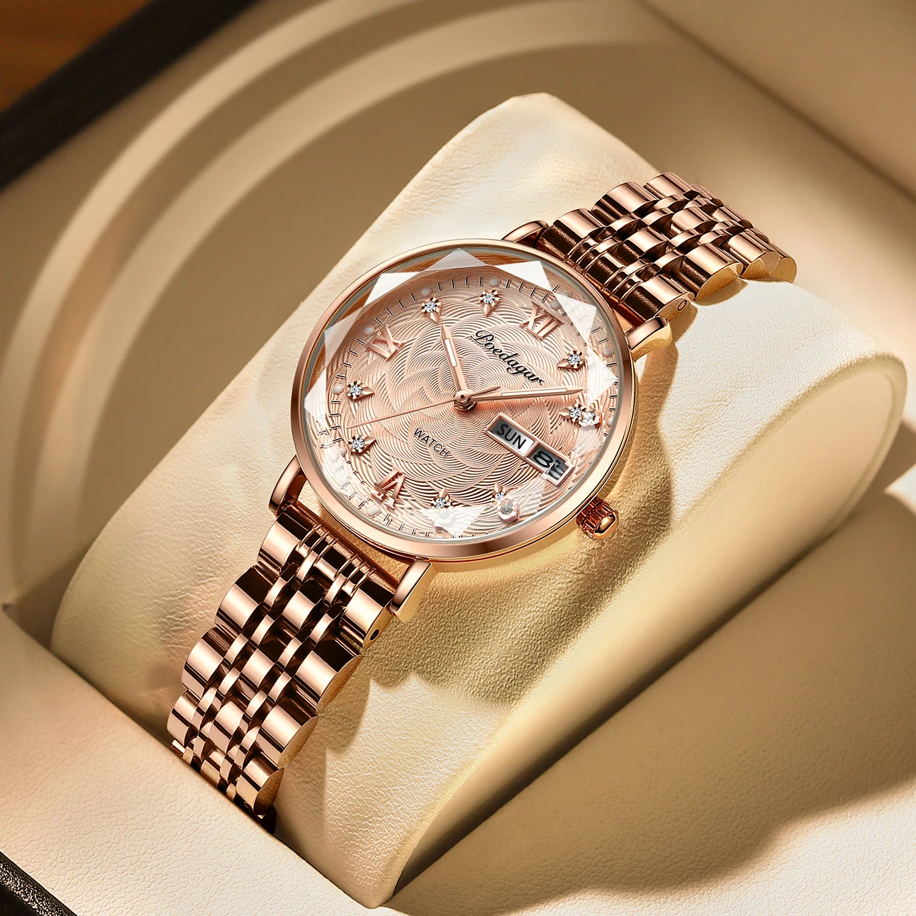 

Swiss Brand POEDAGAR Women Watch Stainless Steel Mesh Rose Gold Simple Waterproof Luminous Ladies Watches Luxury Quartz Elegant