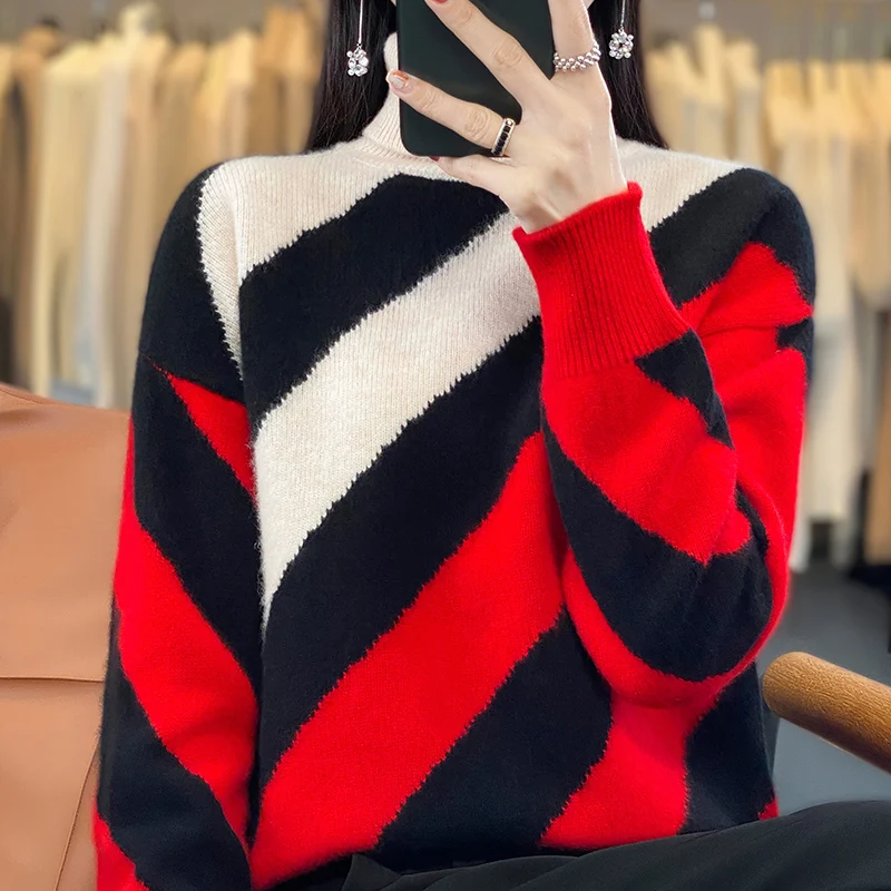 

Осенне-зимняя трикотажная одежда из чистой шерсти, женский свободный приталенный пуловер с высоким воротником, утепленный свитер, подкладка в полоску с длинным рукавом