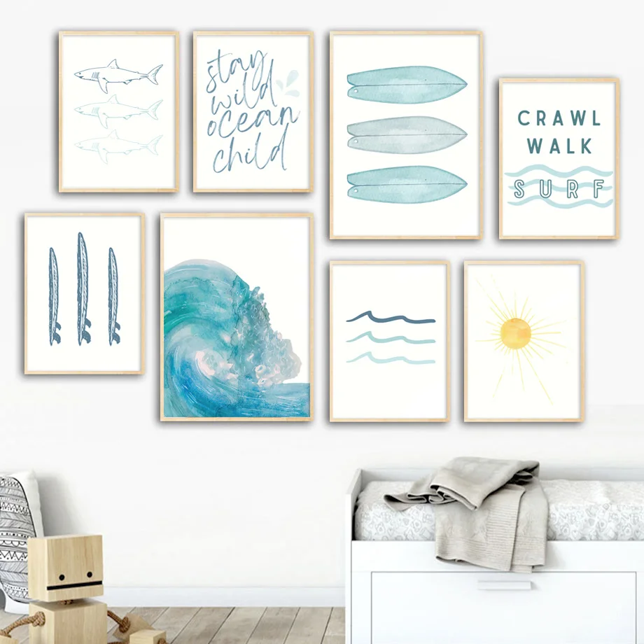 

Summer Surf Shark Fish Waves Sun Sea Quote Wall Art Canvas Painting Nordic Posters And Prints Wall Pictures Baby Kids Room Decor