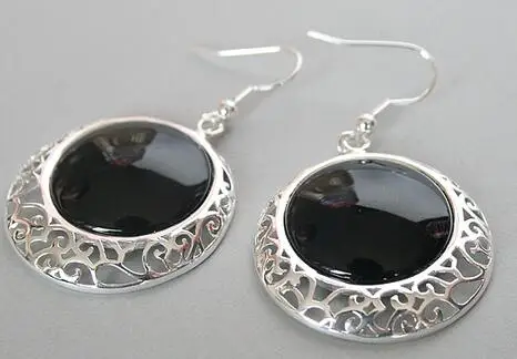 

925 Sterling Silver Hook Natural Black gem stone Onyx Coin Beads Earrings 2inch