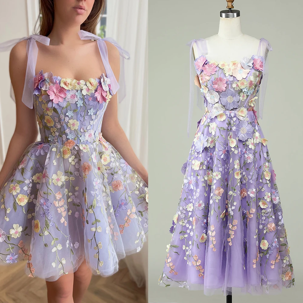 

Midi Lilac Blossom Holidays Gowns 3D Flowers Embroidered Tulle Self Tie Bow Evening Fairytale Cocktail Mini Dress with Pockets