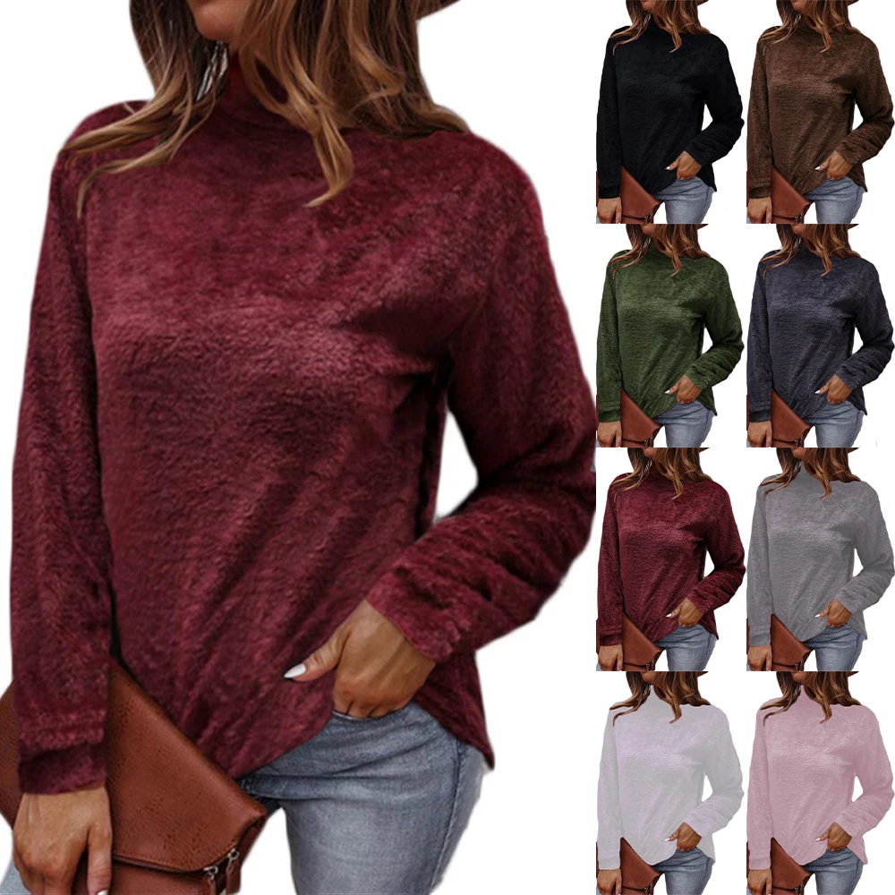 

Women Winter Long Sleeve Jumper Flurry Knitted Sweater High Neck Pullover Tops Ladies Casual Plain Outwear Pullover Shirt