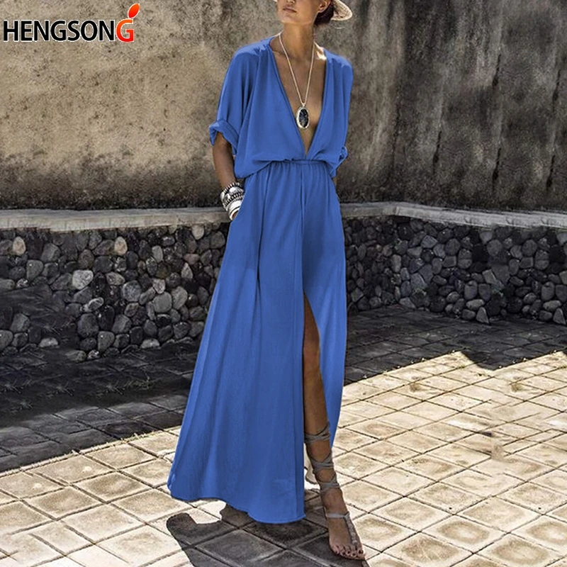

Summer Female Casual Loose Beach Dress Ankle-Length Empire V-Neck Long Split Dresses Vestidos Women Boho Dress Long Maxi Dress