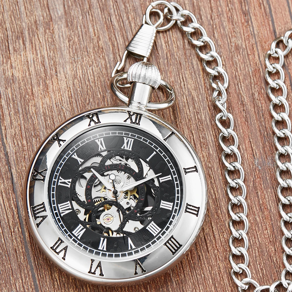 Antique Mechanical Pocket Watch for Men Roman Dial Round Tonneau Clock Skeleton Steampunk FOB Chain Women Pendant reloj hombre
