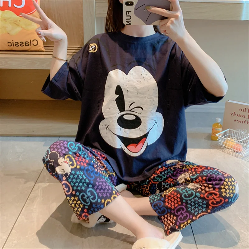 Disney Mickey Mouse 2 Pieces Set Pjamas for Women Summer New Short Sleeve Shirt and Graphics Pant Ladies Soft Night Wear Suit
