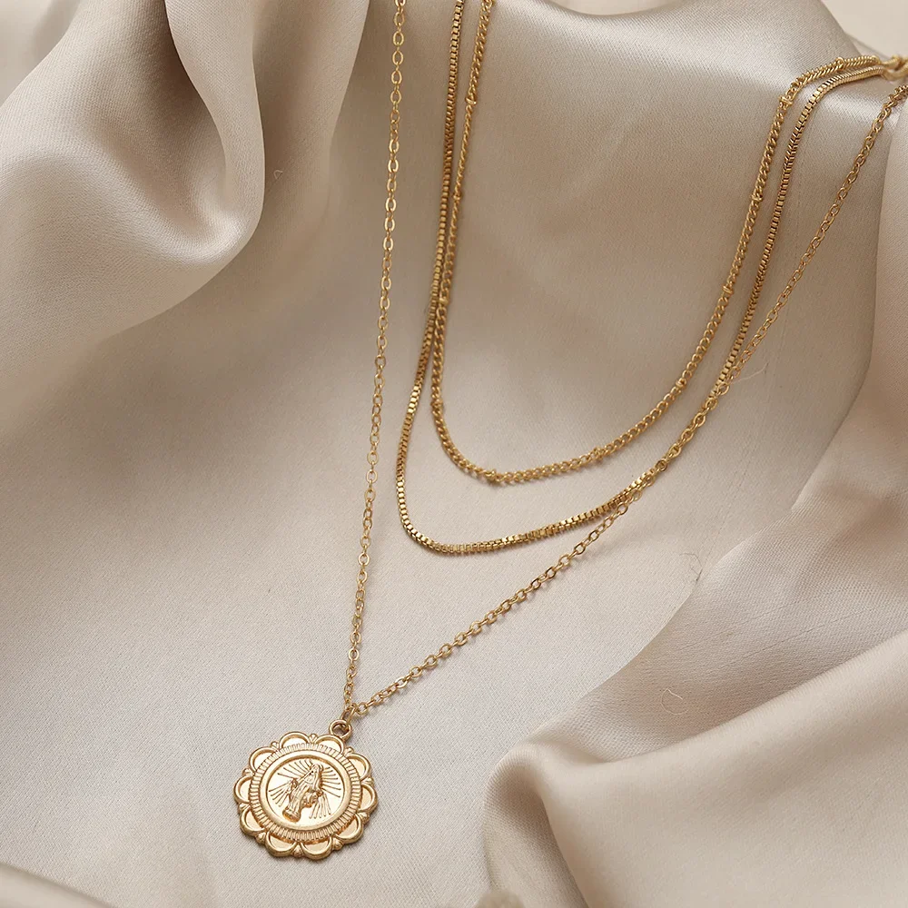 Creative Simple Fashionable Elegant Women's Jewelry Multi-layer Gold Lotus Buddha Image Necklace 3-piece Set New Cross-border St |