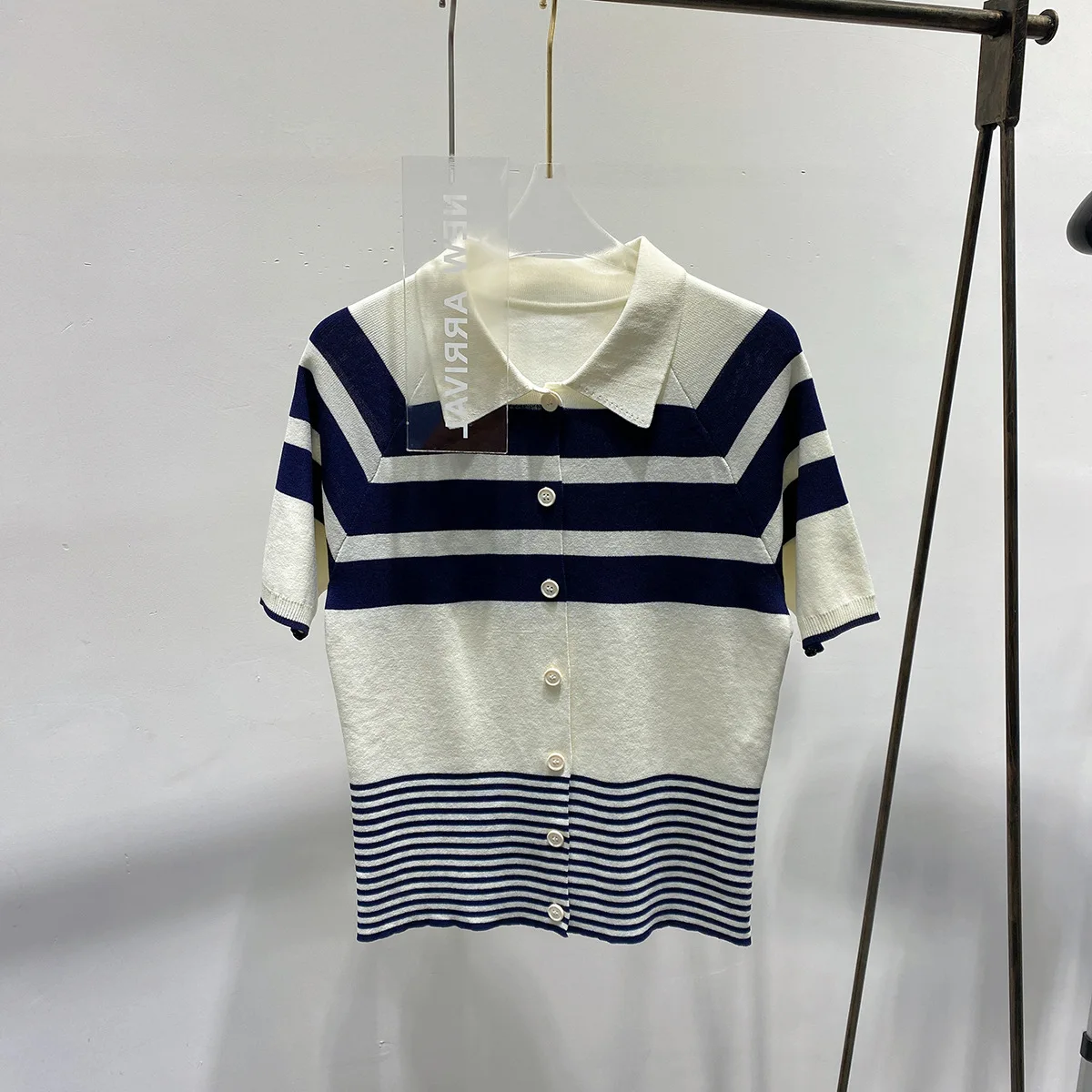 

2022 Summer Women Short Sleeve Polo Shirt Turn Down Collar striped Korean Design Blouse Knitted Top