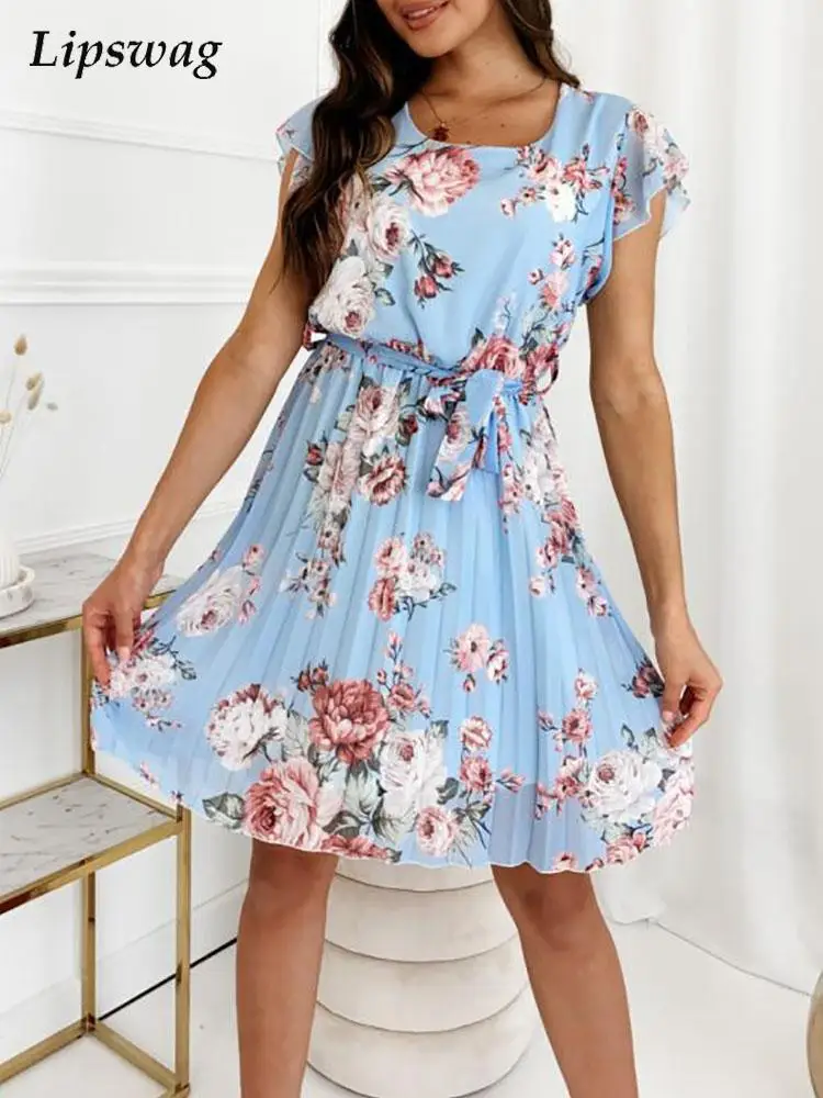 

Elegant Ruffle Lace-up Draped Mini Dress Summer Women Vintage Floral Print Beach Dresses Female O Neck Short Sleeve Casual Dress