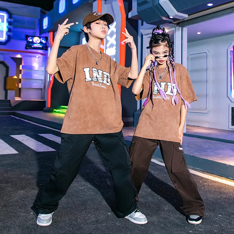 

Teenage Kpop Outfits Kids Hip Hop Clothing Brown Tshirt Tops Street Casual Cargo Pants For Girls Boys Jazz Dance Costume Clothes