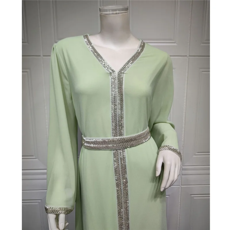 Arabic Abaya Luxury Beading Muslim Women Long Dress Dubai Turkey Moroccan Jalabiya Maxi Robe Chiffon Summer Hijab Dress Ramadan