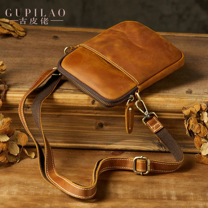

Original 100% genuine Handmade Crossbody Casual Shoulder Personality Retro Top Cowhide Small Bag for Men and Women Vertical Craz