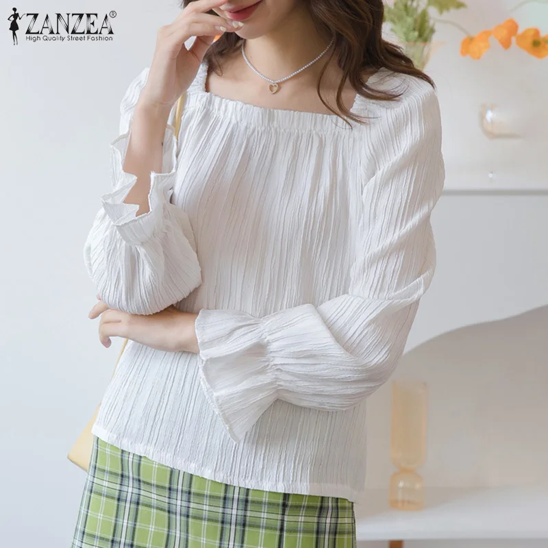

Solid Tunic Top Women Casual Long Flare Sleeve Blouse ZANZEA Elegant Square Neck Shirt 2022 Spring Vocation Party Chemise Female