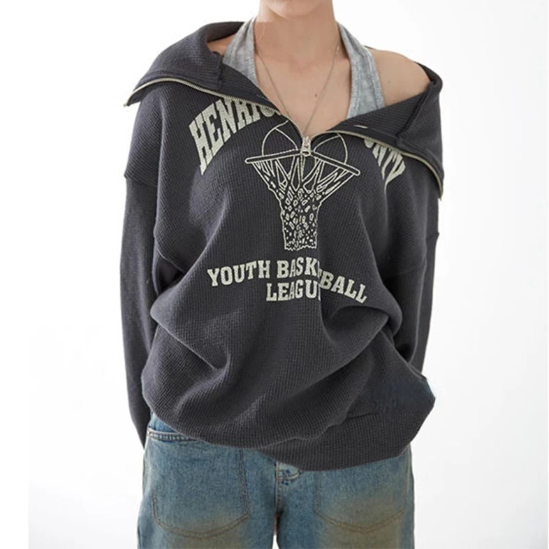 

Уличная одежда, толстовка с полуоткрытым воротником на молнии, осень 2022, винтажная Толстовка в клетку, оверсайз, хип-хоп, женские свободные п...