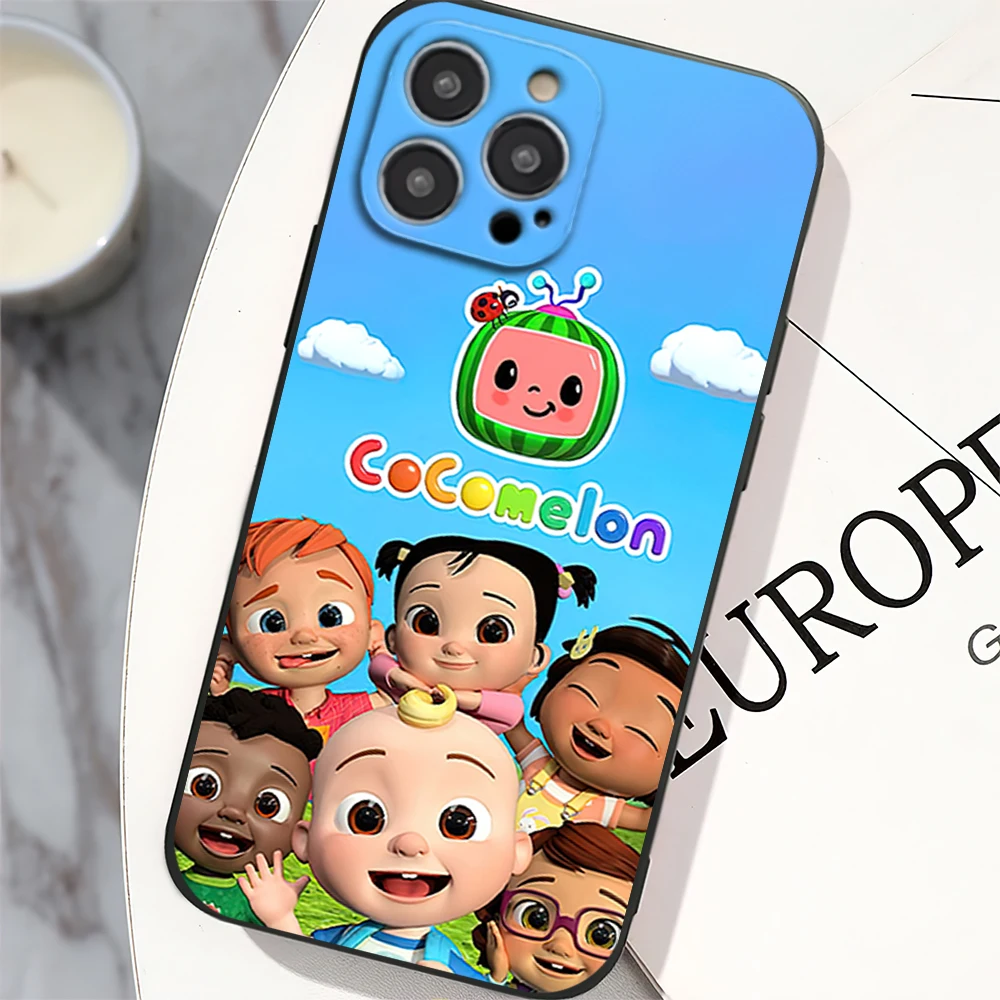 Cartoon C-CoComelons Phone Case for iPhone 12 11 13 14 15 16 Max Pro Plus Black Soft Silicone Cover