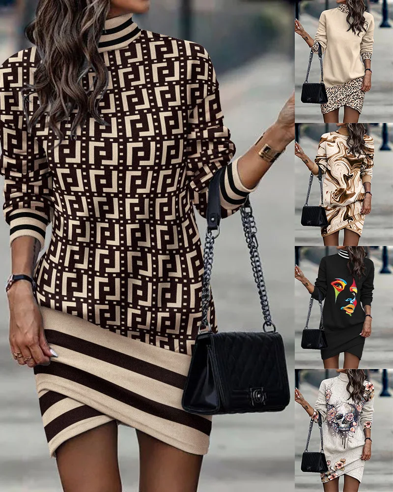 

2023 Autumn/Winter New Long Sleeve High Neck Printed Irregular Dress