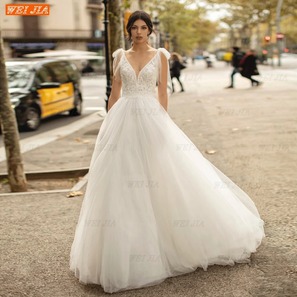 

Wedding Dresses Women Sexy V-Neck Boho Bridal Gowns Customize Lace Princess Tulle Backless Appliques Bride Robe Made WEI JIA