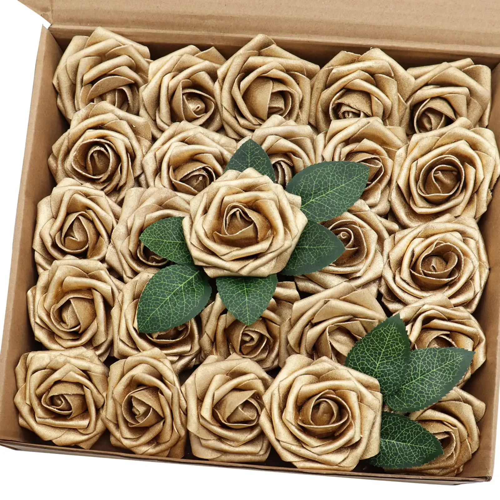 Mefier Home Artificial Flower 25PCS Real Looking Gold Fake Roses with Stem for Christmas Wedding Bouquets Party Home Decoration