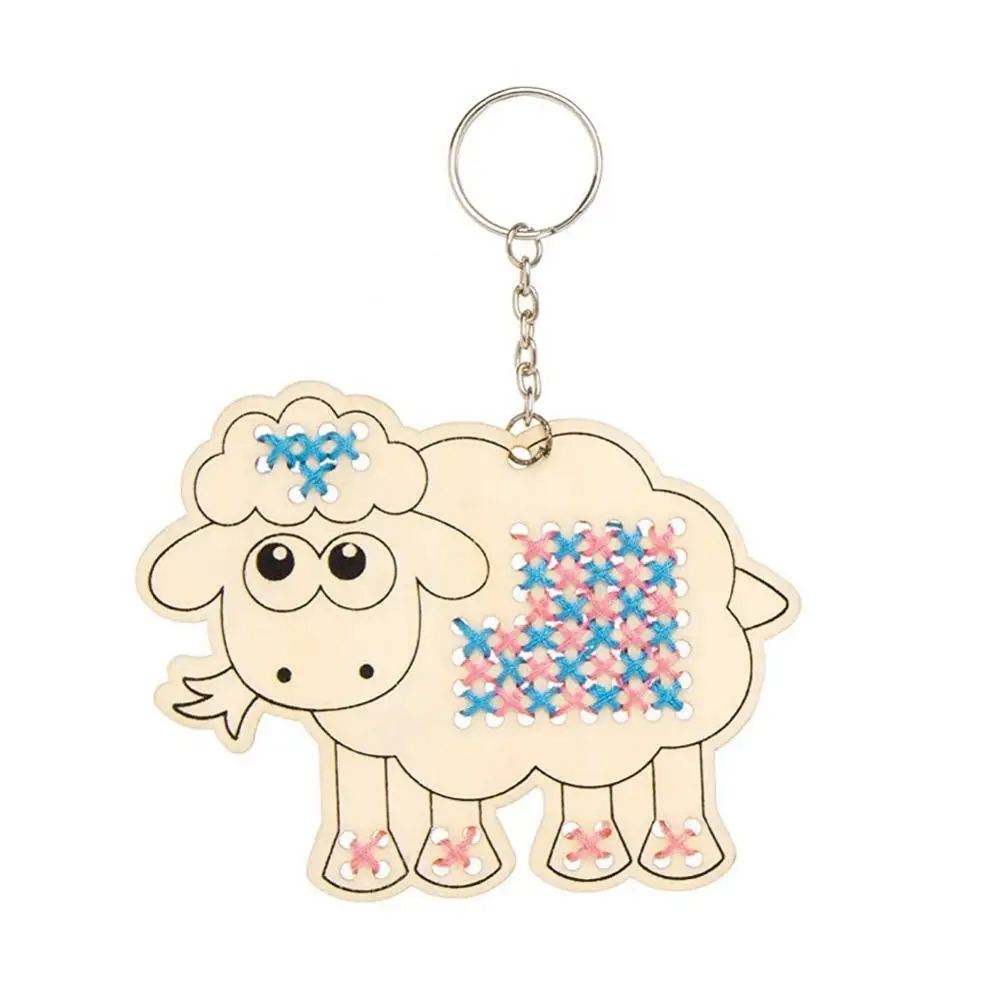 

Wooden DIY Car 5Pcs Cute Cartoon Sheep Cross Stitch Key Ring Keychain Craft Gift
