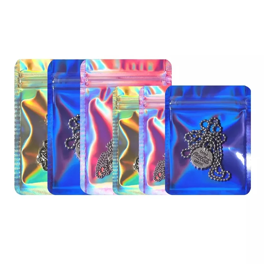 

Laser Zipper Pouch Jewelry Packaging One Side Clear Holographic Mini Aluminum Foil Zip Lock Bags