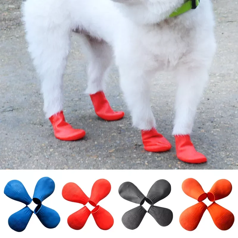 

4Pcs/lot Pets Boots Socks Waterproof Rubber Rain Dog Shoes Non Slip Outdoor Puppies Cat Shoes Candy Color S-L